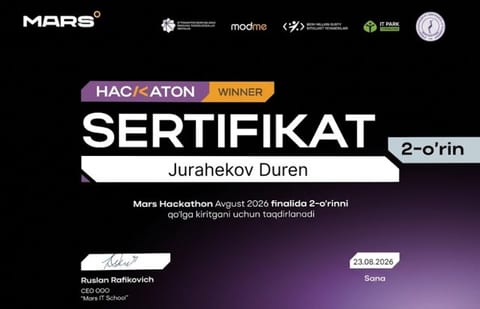Сертификат за 2-е место в финале Mars Hackathon